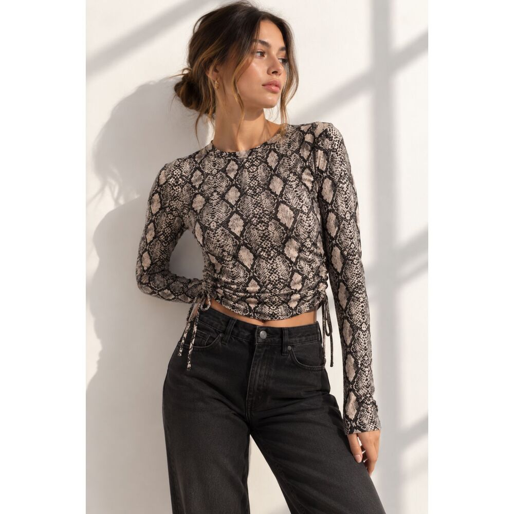 Caution To The Wind Snake Print Long Sleeve Ruched Side Tie Top Women’s S